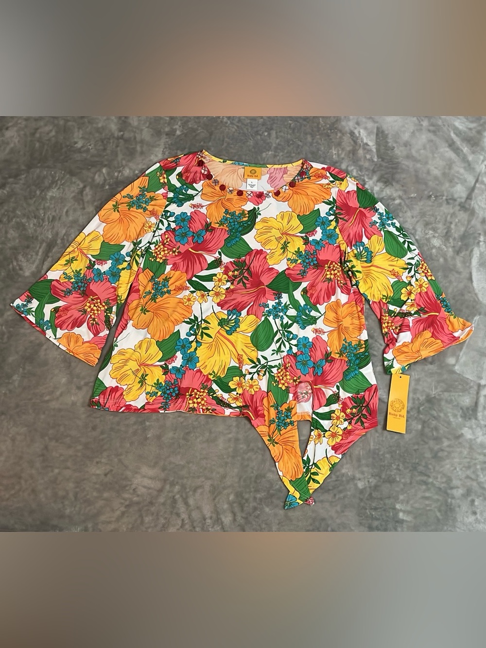 NWT Ruby Rd Hot Tropics Floral Side Tie Embellished Top Blouse Size L